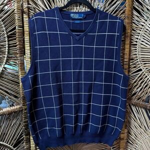 Polo Ralph Lauren Mens Navy Blue Silk Cotton Windowpane V-Neck Sweater Vest XL